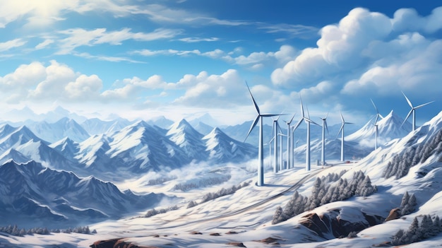 Series of wind turbines on a snowy mountain ridge Created with Generative AI technology