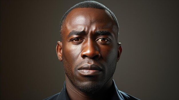 Serious african american man in dark shirt on neutral background