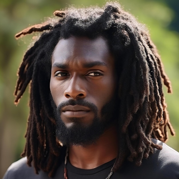 Serious african american man with dreadlocks looking at camera