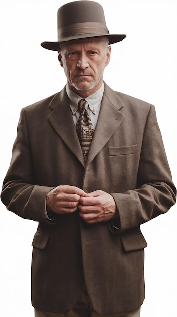 Serious aged man wearing brown suit and hat isolated on transparent background