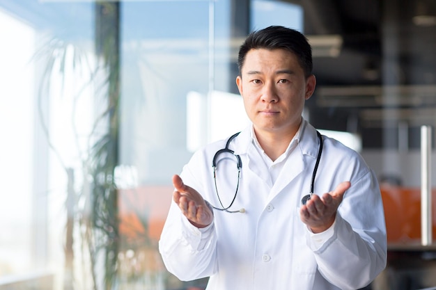 Serious asian doctor looking at webcam listening to patient interlocutor online man working remotely from clinic