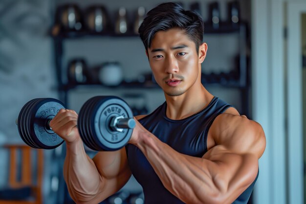 Serious Athlete Engaged in Intense Dumbbell Training