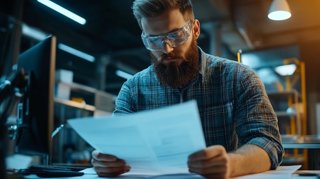 Photo serious bearded engineer with papers looking at computer