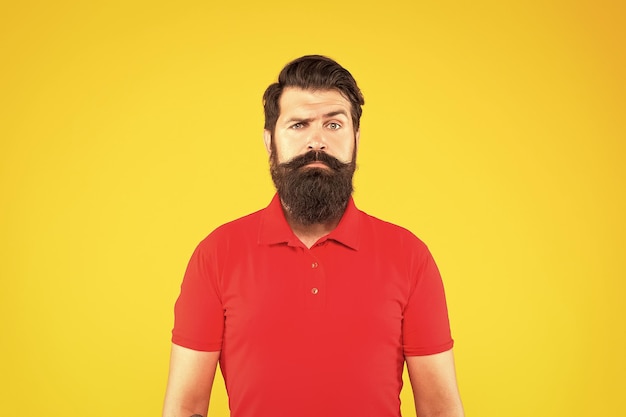 Serious bearded man with moustache in tshirt on yellow background face