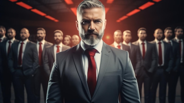 A serious bearded middleaged businessman wearing a stylish suit with strong leadership qualities character stands out among the crowd stands against the background of business people in the office