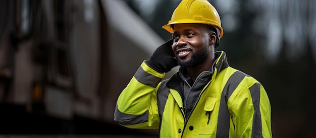 Serious black maintenance worker on railway tracks talking on phone copy space