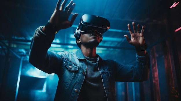 Serious black man touching large screen while exploring virtual reality in modern headset