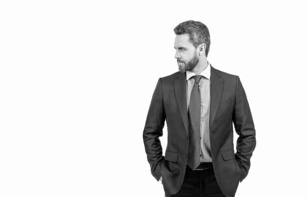 Serious businessman professional man wear business suit isolated on white copy space boss