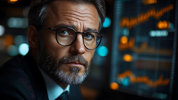 A serious businessman in a suit and glasses looks intently at the camera