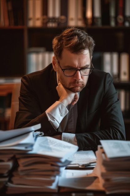 A serious businessman in a suit reviews documents at his cluttered desk surrounded by books and file