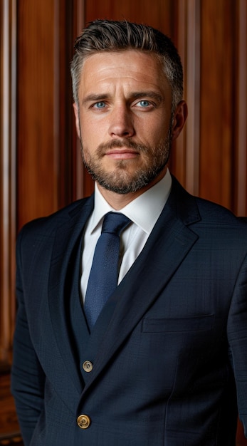 Serious businessman in suit and tie standing in front of wooden panels