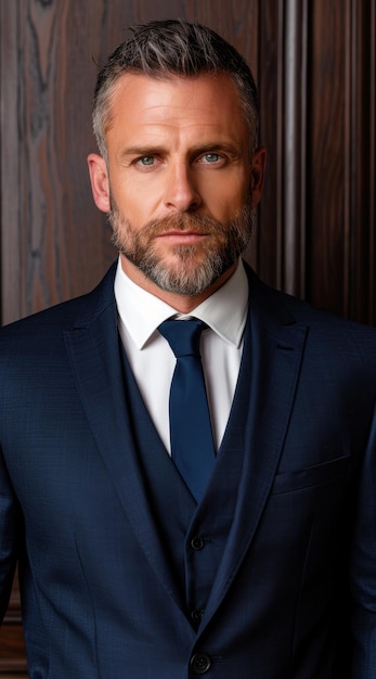 Serious businessman with beard in navy suit