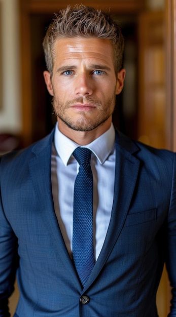 Serious businessman with beard wearing navy suit