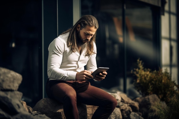 Photo serious businessman working on his digital tablet outdoors