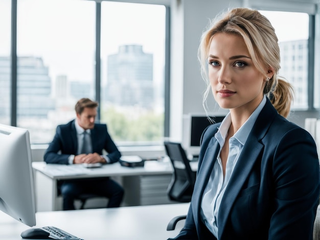 serious businesswoman looking at camera while standing with crossed legs in office serious busi