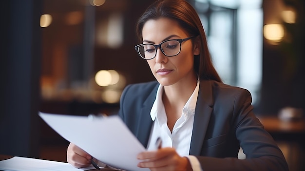 A serious businesswoman reviewing documents in an office serious businesswoman reviewing documents office