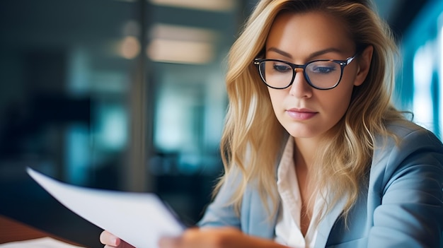 A serious businesswoman reviewing documents in an office serious businesswoman reviewing documents office