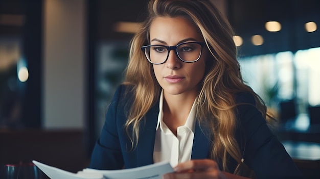 A serious businesswoman reviewing documents in an office serious businesswoman reviewing documents office