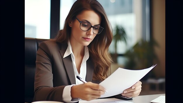 A serious businesswoman reviewing documents in an office serious businesswoman reviewing documents office