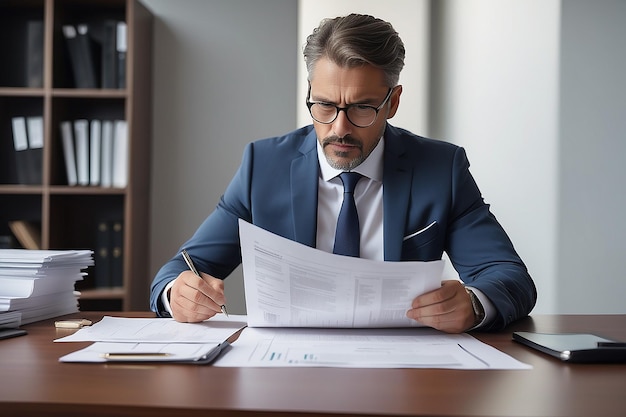 Serious busy mid aged professional business man lawyer or financial law expert wearing suit holding corporate documents reading paper contract sitting at desk in office managing risks feeling doubt