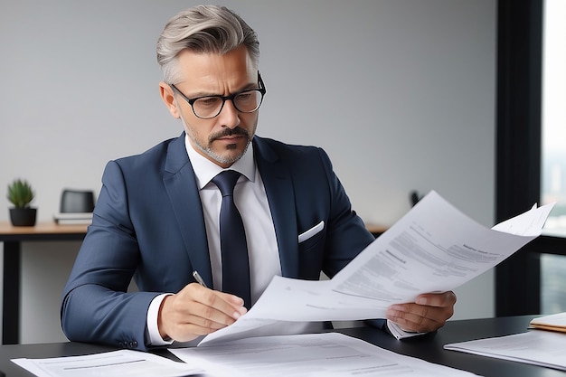 Serious busy mid aged professional business man lawyer or financial law expert wearing suit holding corporate documents reading paper contract sitting at desk in office managing risks feeling doubt