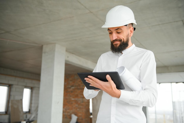 Photo serious busy young attractive arabic industrial engineer in hard hat with project drawings in factory interior professional and industry builder architect job worker checking work at plant indoor