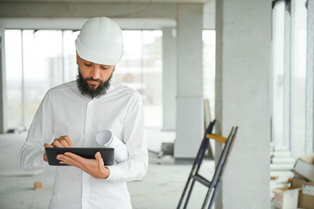 Photo serious busy young attractive arabic industrial engineer in hard hat with project drawings in factory interior professional and industry builder architect job worker checking work at plant indoor