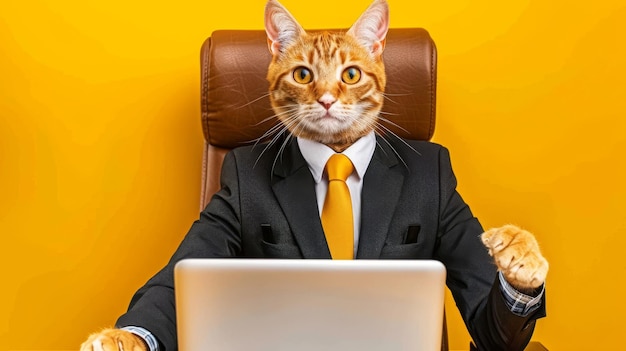 Photo serious cat in suit checking emails at laptop sitting in office chair on pastel yellow