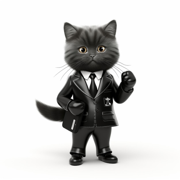 a serious cat in a suit and tie is standing