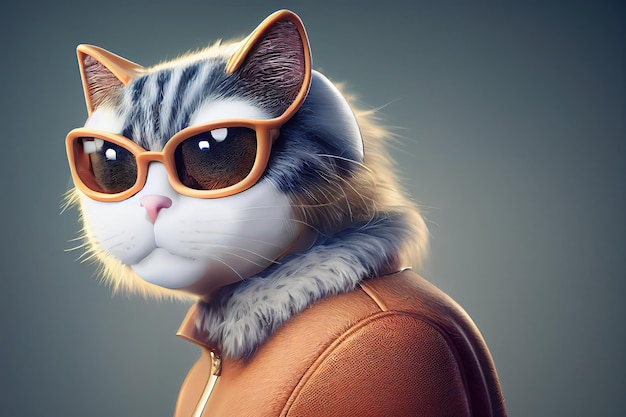 Serious cat with glasses and coat cartoon cat