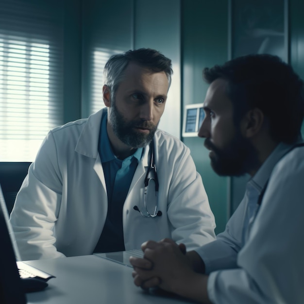 Serious caucasian male surgeons talking in office created using generative ai technology