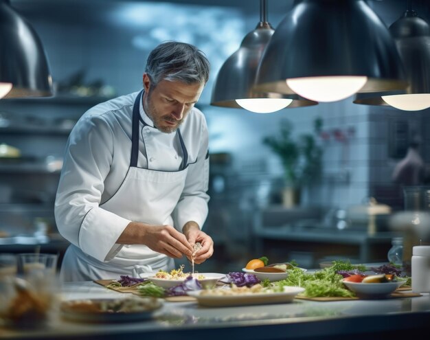 Photo the serious chef in a white coat working on a dish under bright lights in a professional kitchen