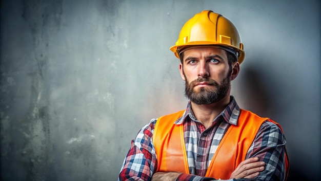 Photo serious construction worker with copy space