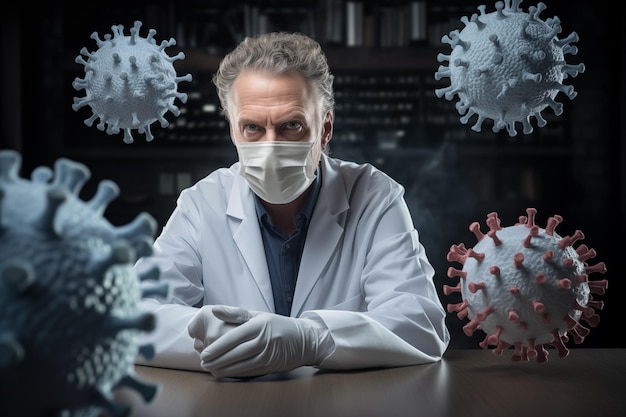 Serious doctor looking at camera while sitting at table with virus cells