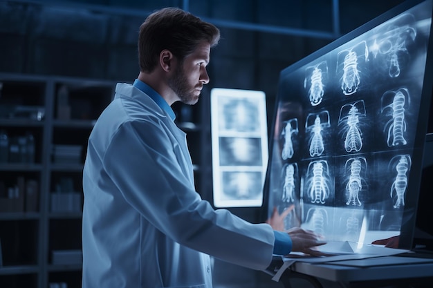 Serious doctor looking at xray image while sitting at his working place