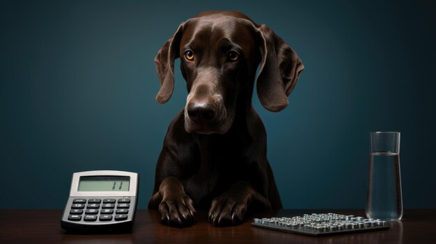 Photo serious dog in the form of an accountant sitting at a desk with a calculator