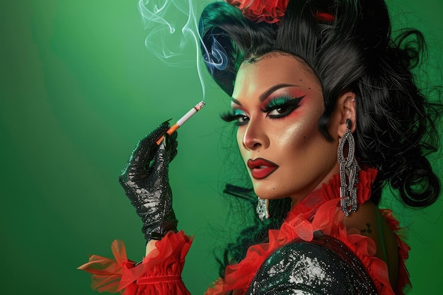 Serious drag queen smoking cigarette on green background