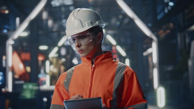 Serious factory inspector looking industrial facility holding tablet close up