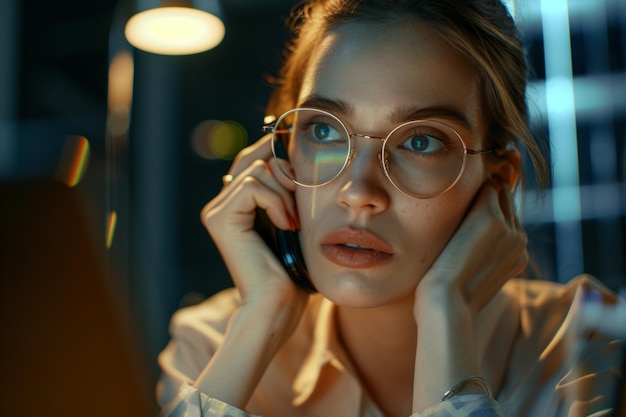 serious female ceo wears round spectacles tries to reach decision with colleague via cell phone