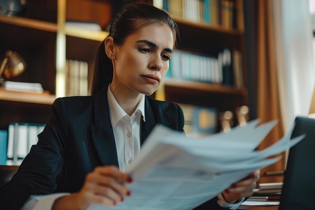 Serious female lawyer looking through papers while checking information before signing and stamping