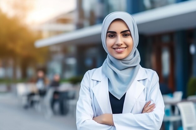 Serious female muslim doctor with arms crossed looking away