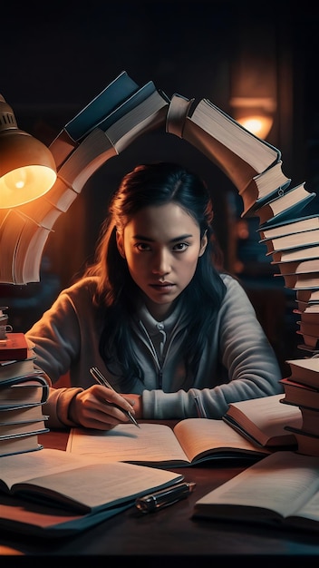 Serious female student with books and pen