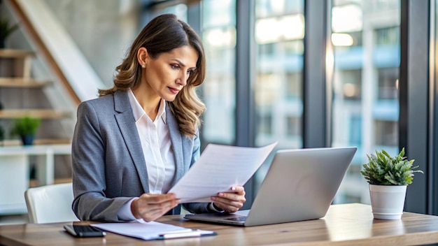 Photo serious focused businesswoman typing on laptop holding papers preparing report analyzing work result