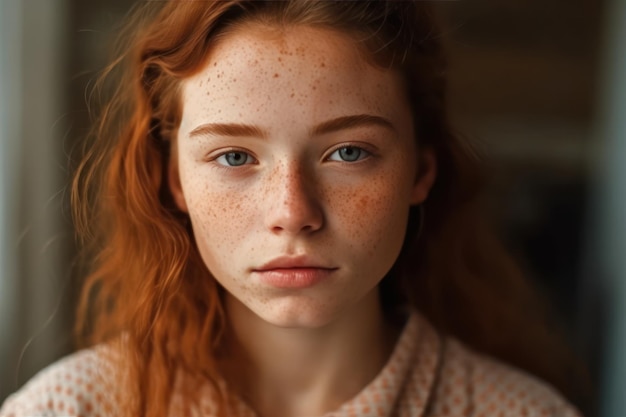 Serious freckled girl facial close up portrait pretty beautiful young woman clean face without makeup with fresh spotted skin looking at camera natural beauty skincare cosmetology concept