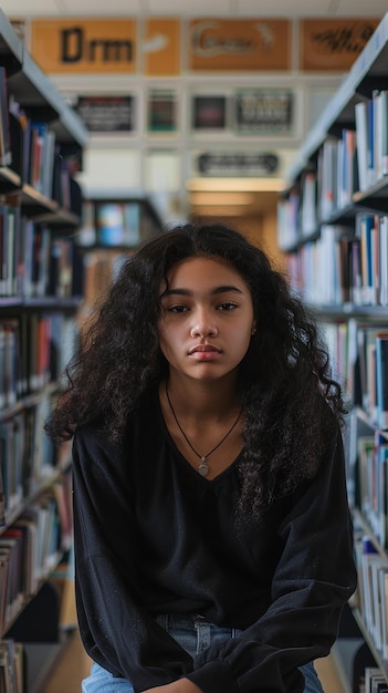 Serious high school student engrossed in reading at library