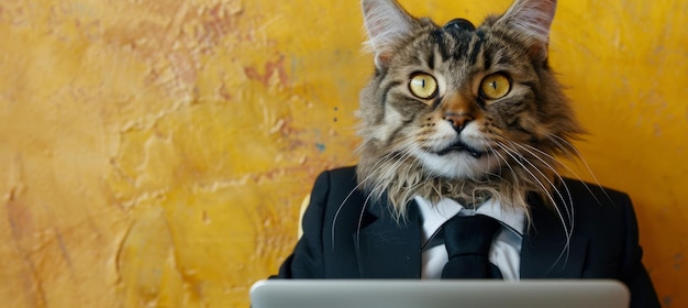 Photo serious maine coon cat in formal wear working remotely on laptop against a vibrant yellow background