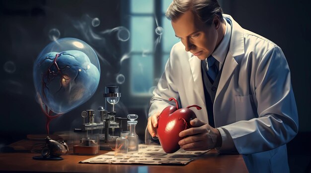 Serious male doctor examining human heart in medical laboratory Medicine and healthcare concept