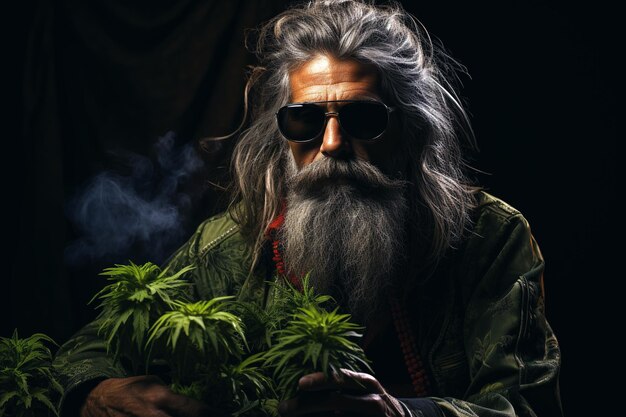 serious man with a crop of illegal marijuana bush on a black background