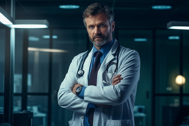 Serious mature doctor in white coat and stethoscope standing with arms crossed and looking at camera