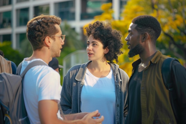 Photo serious multiracial people talking outdoors